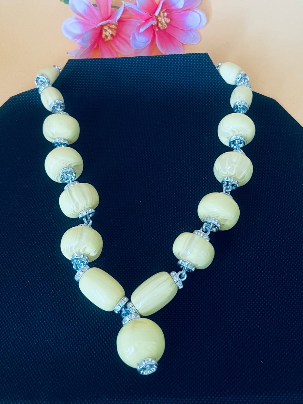 Yellow Lucite Beaded Necklace with Silver Accents